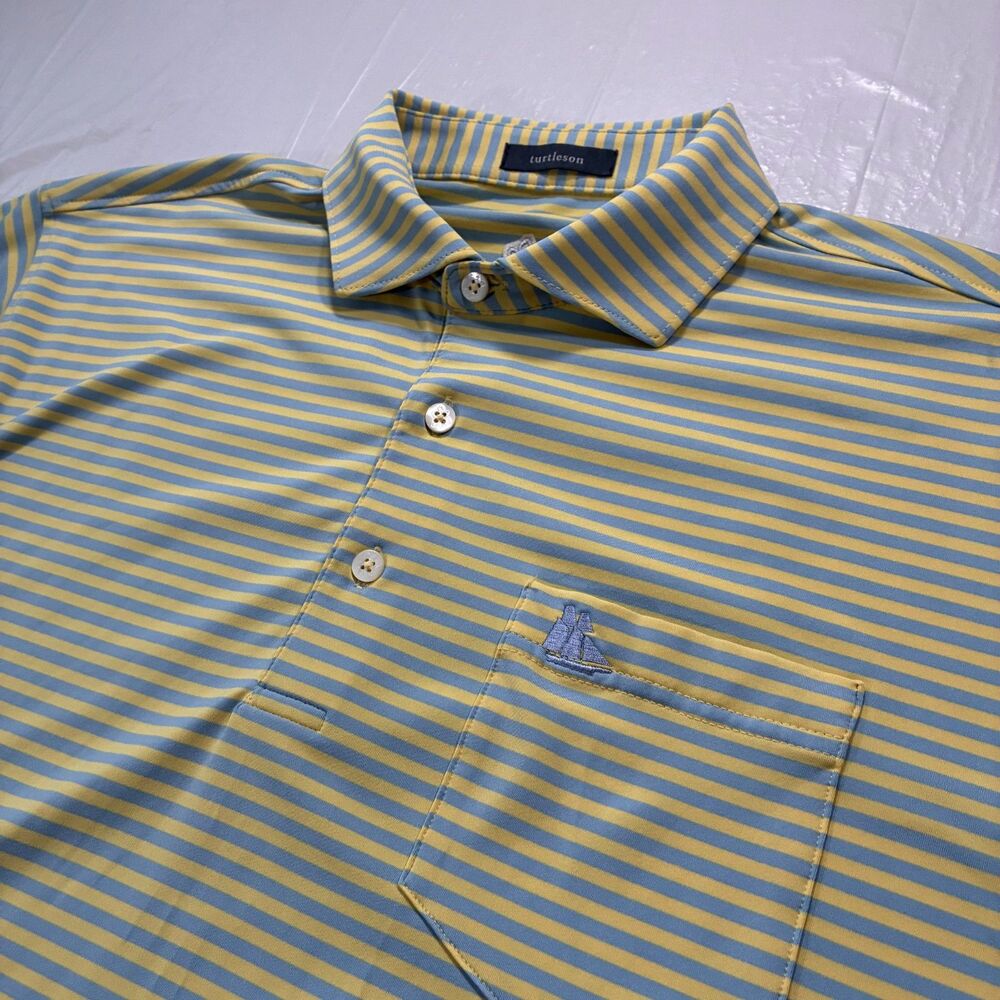 Turtleson Pirate Ship Golf Club Polo Shirt Men Yellow Blue Pinstripe Med